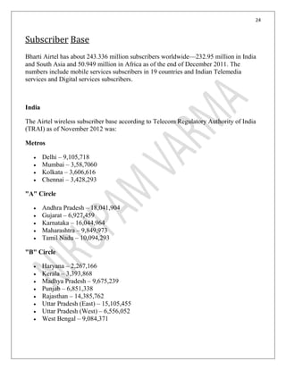 24
Subscriber Base
Bharti Airtel has about 243.336 million subscribers worldwide—232.95 million in India
and South Asia and 50.949 million in Africa as of the end of December 2011. The
numbers include mobile services subscribers in 19 countries and Indian Telemedia
services and Digital services subscribers.
India
The Airtel wireless subscriber base according to Telecom Regulatory Authority of India
(TRAI) as of November 2012 was:
Metros
Delhi – 9,105,718
Mumbai – 3,58,7060
Kolkata – 3,606,616
Chennai – 3,428,293
"A" Circle
Andhra Pradesh – 18,041,904
Gujarat – 6,927,459
Karnataka – 16,044,964
Maharashtra – 9,849,973
Tamil Nadu – 10,094,293
"B" Circle
Haryana – 2,267,166
Kerala – 3,393,868
Madhya Pradesh – 9,675,239
Punjab – 6,851,338
Rajasthan – 14,385,762
Uttar Pradesh (East) – 15,105,455
Uttar Pradesh (West) – 6,556,052
West Bengal – 9,084,371
 