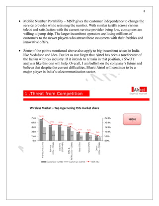 8
Mobile Number Portability – MNP gives the customer independence to change the
service provider while retaining the number. With similar tariffs across various
telcos and satisfaction with the current service provider being low, consumers are
willing to jump ship. The larger incumbent operators are losing millions of
customers to the newer players who attract these customers with their freebies and
innovative offers.
Some of the points mentioned above also apply to big incumbent telcos in India
like Vodafone and Idea. But let us not forget that Airtel has been a torchbearer of
the Indian wireless industry. If it intends to remain in that position, a SWOT
analysis like this one will help. Overall, I am bullish on the company’s future and
believe that despite the current difficulties, Bharti Airtel will continue to be a
major player in India’s telecommunication sector.
1 .Threat from Competition
HIGH
Wireless Market – Top 4 garnering 75% market share
 