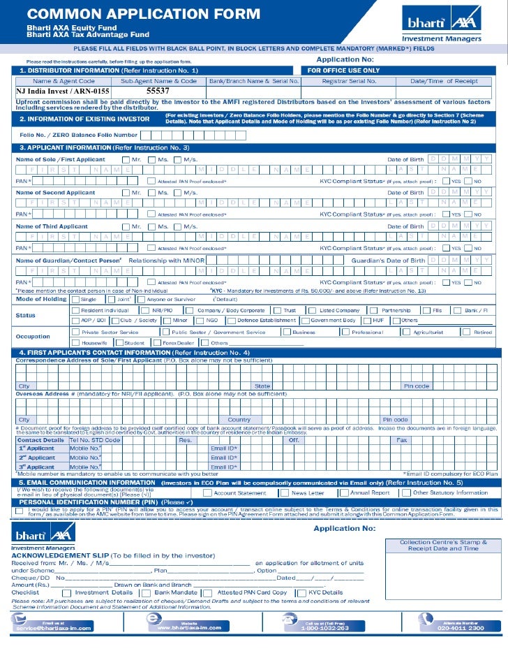 Bharti axa mutual fund common application form
