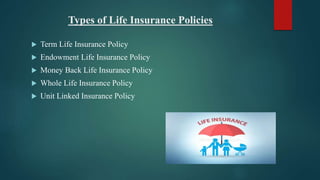 Types of Life Insurance Policies
 Term Life Insurance Policy
 Endowment Life Insurance Policy
 Money Back Life Insurance Policy
 Whole Life Insurance Policy
 Unit Linked Insurance Policy
 
