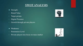 SWOT ANALYSIS
 Strength:
• Brand Value
• Target groups
• Digital Presence
• Growth through private players
 Weakness:
• Penetration Level
• Private players less focus on mass market
 