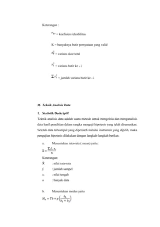 Keterangan :
= koefisien releabilitas
K = banyaknya butir pernyataan yang valid
= varians skor total
= varians butir ke - i
= jumlah varians butir ke - i
M. Teknik Analisis Data
1. Statistik Deskriptif
Teknik analisis data adalah suatu metode untuk mengelola dan menganalisis
data hasil penelitian dalam rangka menguji hipotesis yang telah dirumuskan.
Setelah data terkumpul yang diperoleh melalui instrumen yang dipilih, maka
pengujian hipotesis dilakukan dengan langkah-langkah berikut:
a. Menentukan rata-rata ( mean) yaitu:
Keterangan:
Ẋ : nilai rata-rata
fi : jumlah sampel
xi : nilai tengah
n : banyak data
b. Menentukan modus yaitu
 