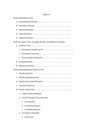 Daftar isi
BAB I PENDAHULUAN
A. Latar Belakang Masalah………………………………………………
B. Identifikasi Masalah…………………………………………….…….
C. Rumusan Masalah…………………………………………………......
D. Tujan Penelitian…………………………………………………….…
E. Manfaat Penelitian………………………………………………….…
BAB II Landasan Teori, Kerangka Berfikir, dan Hipotesis Penelitian
F. Landasan Teori…………………………………………………….……
1. Kemampuan berpikir positif………..…………………………..…...
2. Kecerdasan Emosional………………………………....……………
3. Prestasi belajar matematika………… ……………………………...
G. Kerangka Berfikir……………………………………………………….
H. Hipotesis penelitian……………………………………………………..
BAB III METODOLOGI PENELITIAN
I. Metode penelitian …………………………………………………..….
J. Metode pengumpulan data………………………………………..……
K. Populasi dan Sampel Penelitian………………………………….…….
L. Instrumen Penelitian……………………………………………….…..
M. Teknik Analisa Data………………………………………………..…..
1. Teknik Analisa Deskriptif.
2. Teknik Pengujian Persyaratan data
a. Uji normalitas
b. Uji linieritas Regresi
c. Uji Multikolinearitas
3. Uji hipotesis penelitian
a. Uji Korelasi
 