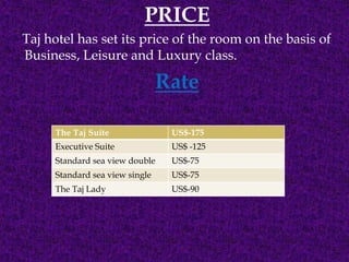 PRICE
Taj hotel has set its price of the room on the basis of
Business, Leisure and Luxury class.

Rate
The Taj Suite

US$-175

Executive Suite

US$ -125

Standard sea view double

US$-75

Standard sea view single

US$-75

The Taj Lady

US$-90

 