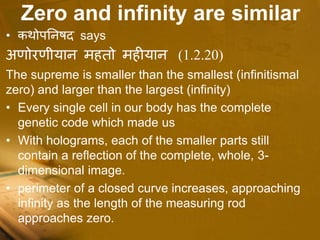 Zero and infinity are similar
• कथोितनषद says
अःोरःीयान महतो महीयान (1.2.20)
The supreme is smaller than the smallest (infinitismal
zero) and larger than the largest (infinity)
• Every single cell in our body has the complete
genetic code which made us
• With holograms, each of the smaller parts still
contain a reflection of the complete, whole, 3-
dimensional image.
• perimeter of a closed curve increases, approaching
infinity as the length of the measuring rod
approaches zero.
 