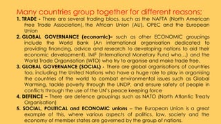 Many countries group together for different reasons;
1. TRADE - There are several trading blocs, such as the NAFTA (North American
Free Trade Association), the African Union (AU), OPEC and the European
Union
2. GLOBAL GOVERNANCE (economic)– such as other ECONOMIC groupings
include the World Bank (An international organisation dedicated to
providing financing, advice and research to developing nations to aid their
economic development), IMF (International Monetary Fund who…) and the
World Trade Organisation (WTO) who try to organise and make trade free.
3. GLOBAL GOVERNANCE (SOCIAL) - There are global organisations of countries
too, including the United Nations who have a huge role to play in organising
the countries of the world to combat environmental issues such as Global
Warming, tackle poverty through the UNDP, and ensure safety of people in
conflicts through the use of the UN’s peace keeping force
4. DEFENCE – There are defence groupings such as NATO (North Atlantic Treaty
Organisation)
5. SOCIAL, POLITICAL and ECONOMIC unions – the European Union is a great
example of this, where various aspects of politics, law, society and the
economy of member states are governed by the group of nations.
 