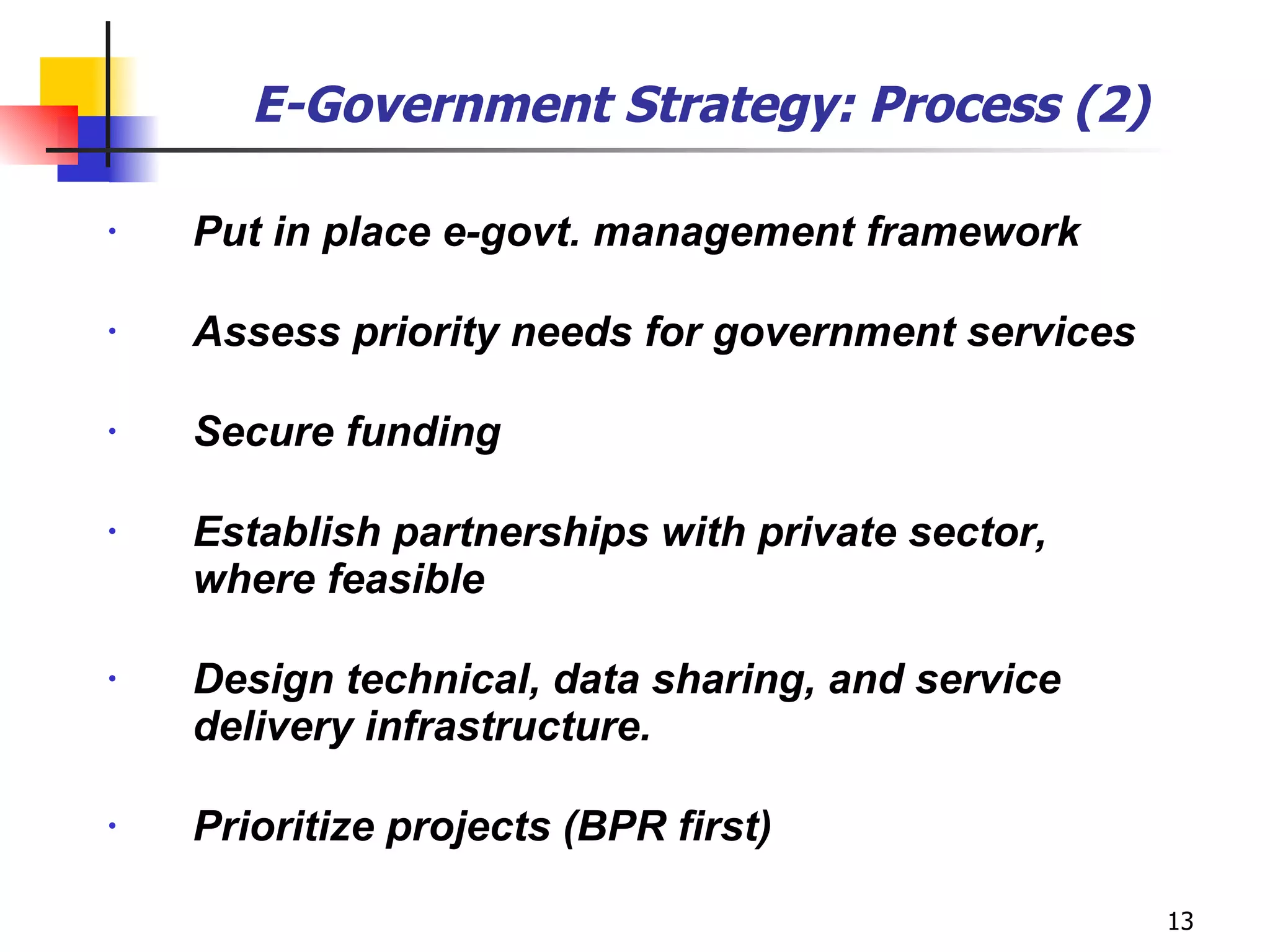 E-Government Strategy: Process (2) Put in place e-govt. management framework  Assess priority needs for government services Secure funding Establish partnerships with private sector, where feasible Design technical, data sharing, and service delivery infrastructure.  Prioritize projects (BPR first) 