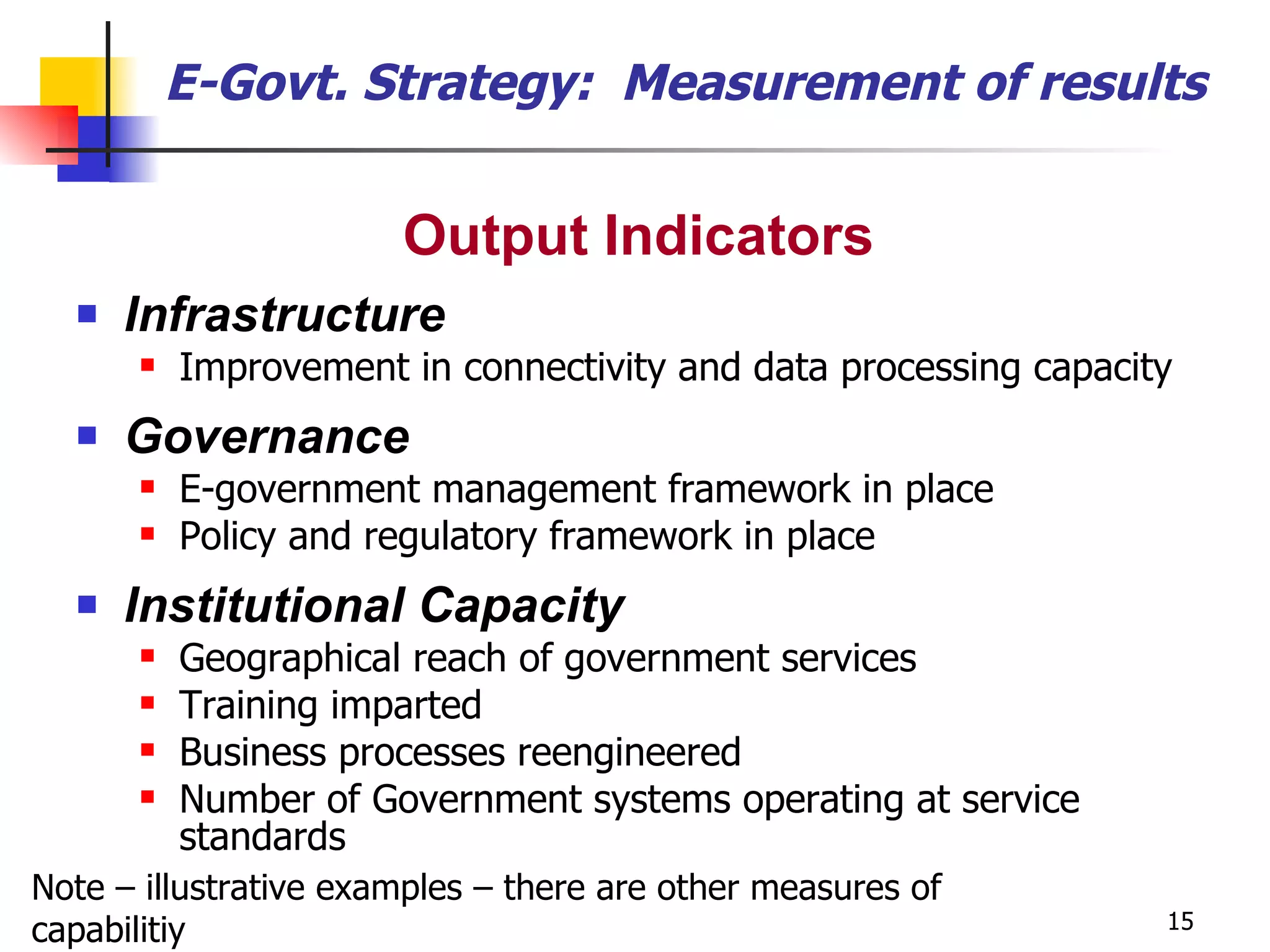 Output Indicators Infrastructure Improvement in connectivity and data processing capacity Governance E-government management framework in place Policy and regulatory framework in place Institutional Capacity Geographical reach of government services Training imparted Business processes reengineered Number of Government systems operating at service standards E-Govt. Strategy:  Measurement of results Note – illustrative examples – there are other measures of  capabilitiy 