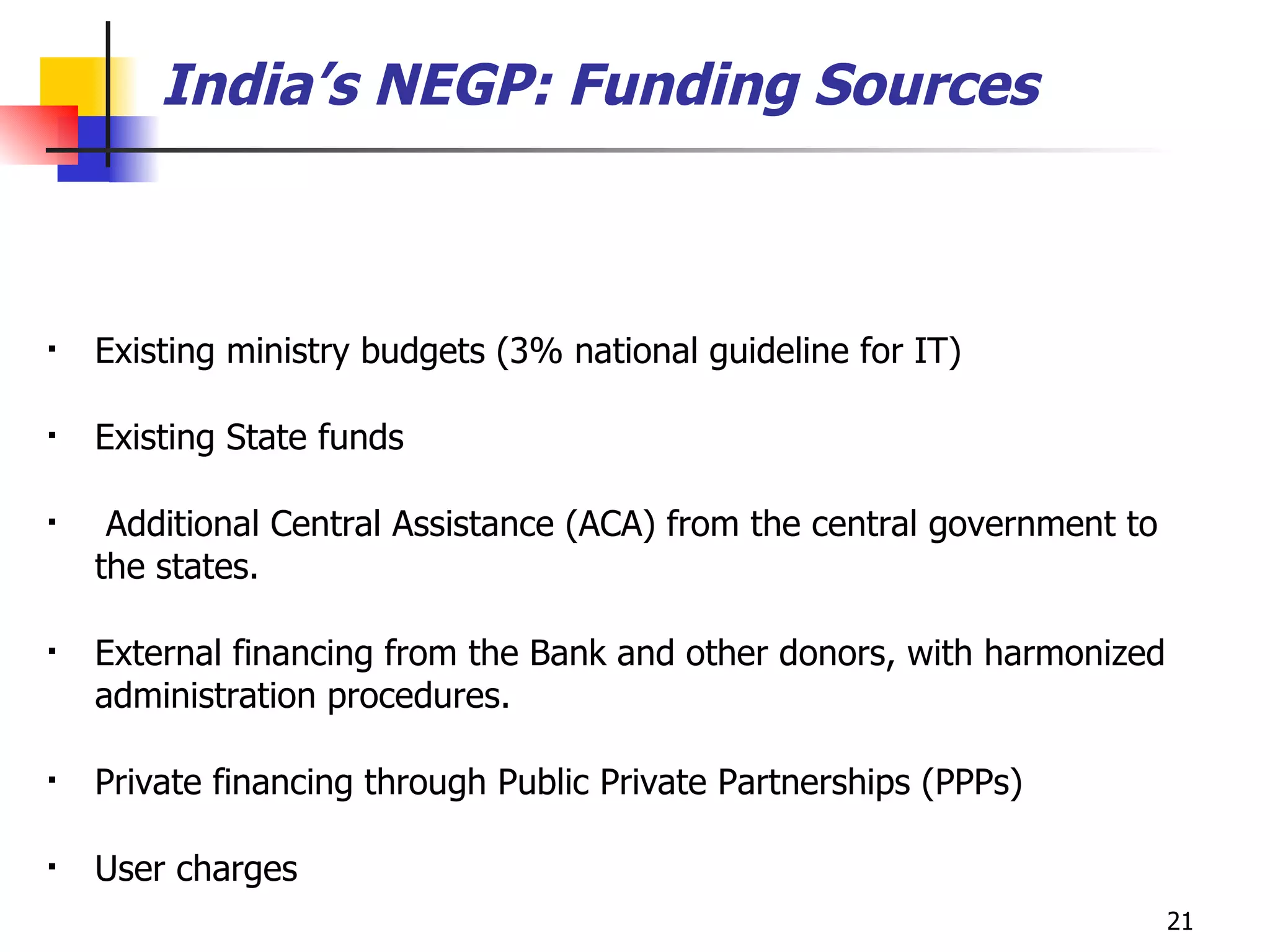 India’s NEGP: Funding Sources Existing ministry budgets (3% national guideline for IT) Existing State funds Additional Central Assistance (ACA) from the central government to the states.  External financing from the Bank and other donors, with harmonized administration procedures.  Private financing through Public Private Partnerships (PPPs) User charges 