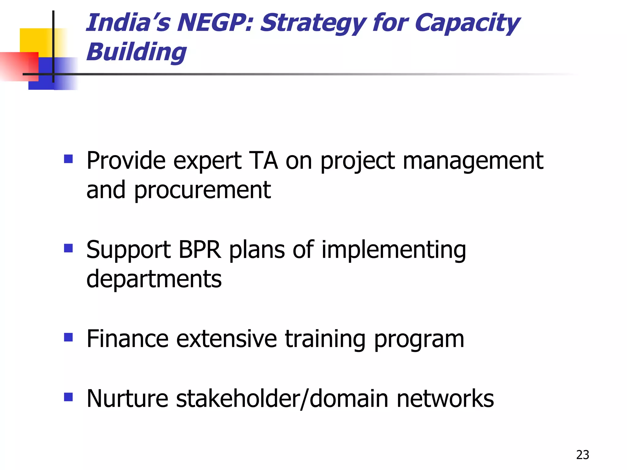 India’s NEGP: Strategy for Capacity Building Provide expert TA on project management and procurement Support BPR plans of implementing departments Finance extensive training program Nurture stakeholder/domain networks 