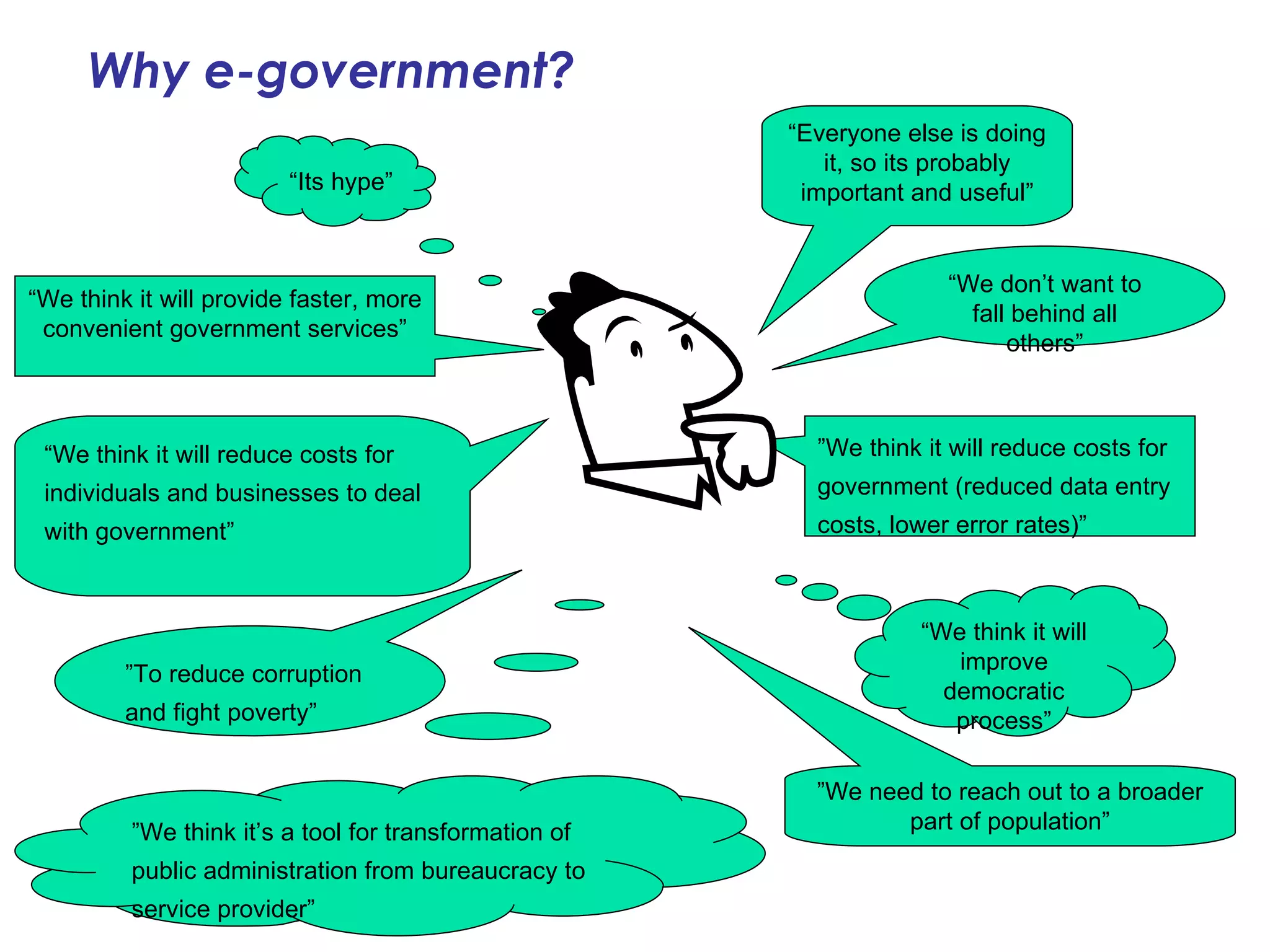 Why e-government? “ Everyone else is doing it, so its probably important and useful” “ Its hype” “ We don’t want to fall behind all others” “ We think it will provide faster, more convenient government services” “ We think it will reduce costs for individuals and businesses to deal with government” ” We think it will reduce costs for government (reduced data entry costs, lower error rates)” “ We think it will improve democratic process” ” To reduce corruption and fight poverty” ” We need to reach out to a broader part of population” ” We think it’s a tool for transformation of public administration from bureaucracy to service provider” 