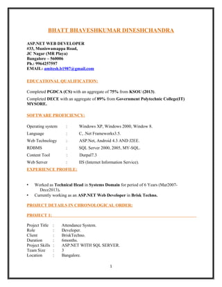 BHATT BHAVESHKUMAR DINESHCHANDRA
ASP.NET WEB DEVELOPER
#33, Muniswamappa Road,
JC Nagar (MR Playa)
Bangalore – 560006
Ph.: 9964257597
EMAIL: amitesh.b1987@gmail.com
EDUCATIONAL QUALIFICATION:
Completed PGDCA (CS) with an aggregate of 75% from KSOU (2013).
Completed DECE with an aggregate of 89% from Government Polytechnic College(IT)
MYSORE.
SOFTWARE PROFICIENCY:
Operating system : Windows XP, Windows 2000, Window 8.
Language : C, .Net Frameworks3.5.
Web Technology : ASP.Net, Android 4.3 AND J2EE.
RDBMS : SQL Server 2000, 2005, MY-SQL.
Content Tool : Durpal7.3
Web Server : IIS (Internet Information Service).
EXPERIENCE PROFILE:
• Worked as Technical Head in Systems Domain for period of 6 Years (Mar2007-
Dece2013).
• Currently working as an ASP.NET Web Developer in Brisk Techno.
PROJECT DETAILS IN CHRONOLOGICAL ORDER:
PROJECT 1:
Project Title : Attendance System.
Role : Developer.
Client : BriskTechno.
Duration : 6months.
Project Skills : ASP.NET WITH SQL SERVER.
Team Size : 3
Location : Bangalore.
1
 