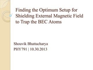Finding the Optimum Setup for
Shielding External Magnetic Field
to Trap the BEC Atoms

Shouvik Bhattacharya
PHY791 | 10.30.2013

 