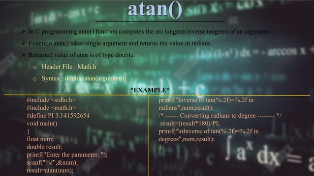 Mathematics Function in C ,ppt | PPTX | Programming Languages | Computing