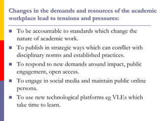  To be accountable to standards which change the
nature of academic work.
 To publish in strategic ways which can confli...