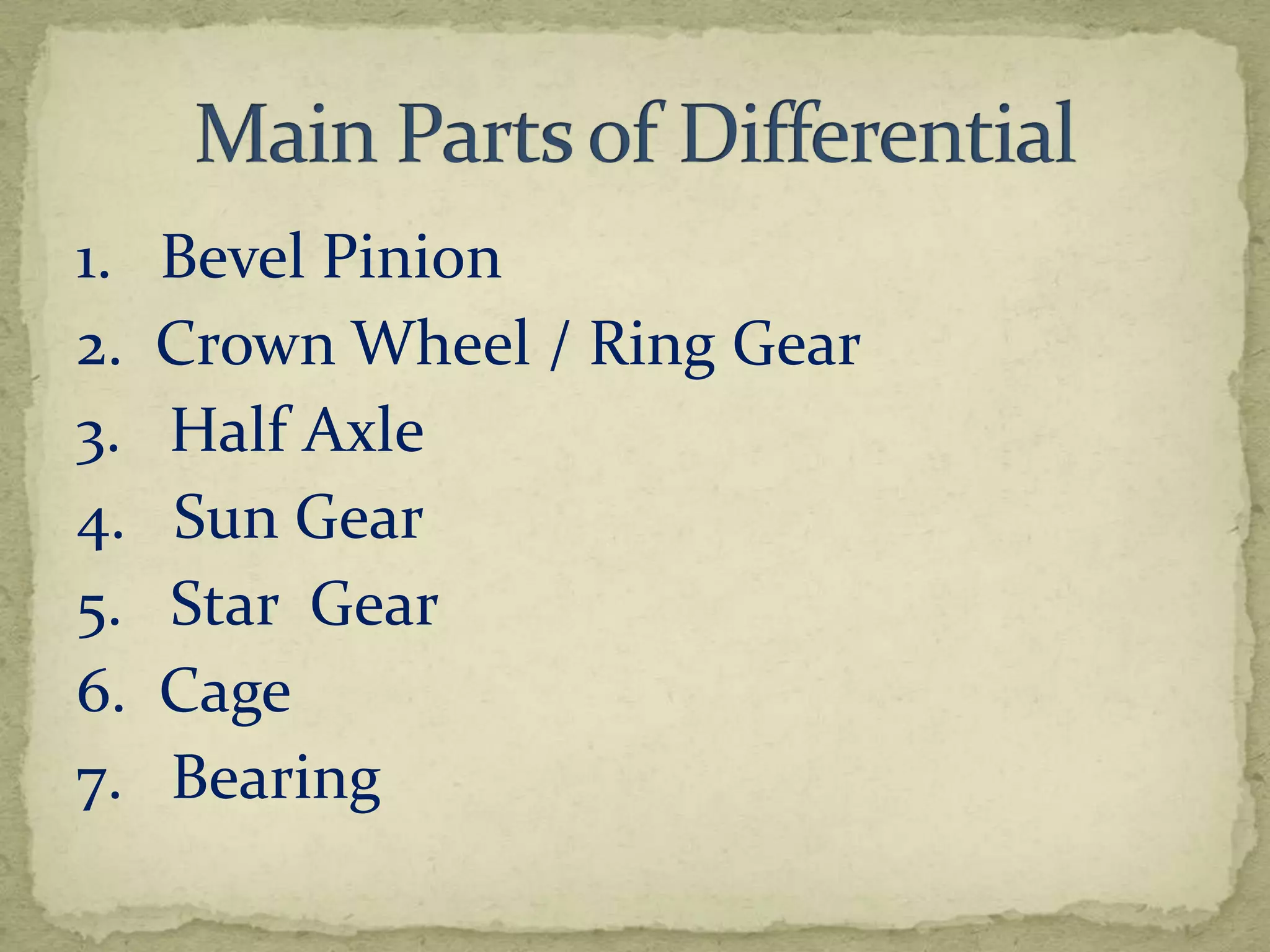 1.
2.
3.
4.
5.
6.
7.

Bevel Pinion
Crown Wheel / Ring Gear
Half Axle
Sun Gear
Star Gear
Cage
Bearing

 