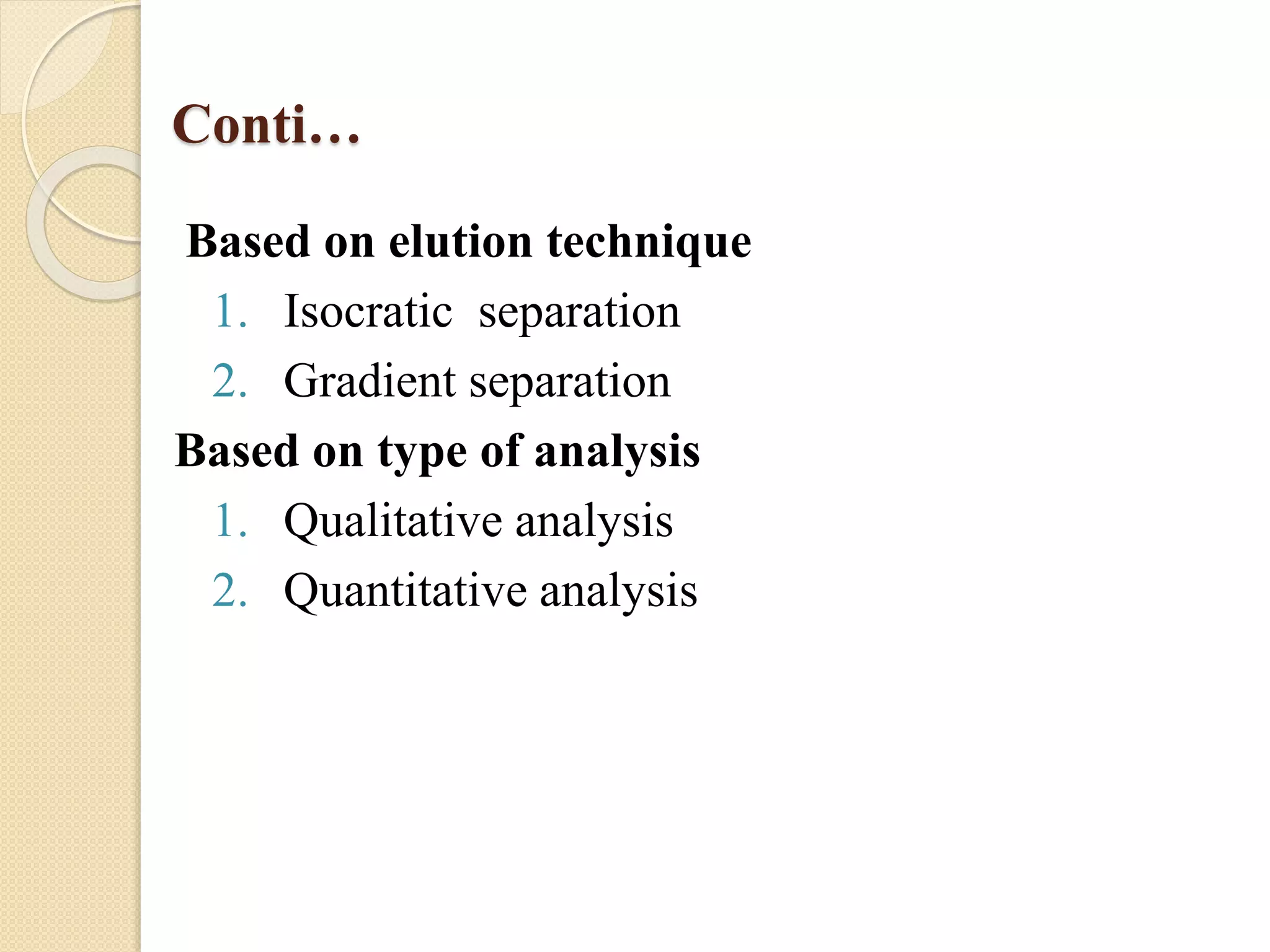 Conti…
Based on elution technique
1. Isocratic separation
2. Gradient separation
Based on type of analysis
1. Qualitative analysis
2. Quantitative analysis
 