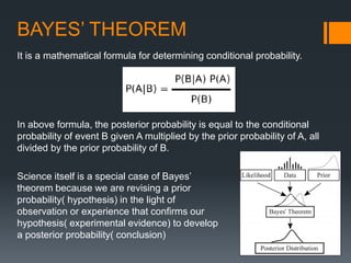 BAYES’ THEOREM
It is a mathematical formula for determining conditional probability.
In above formula, the posterior probability is equal to the conditional
probability of event B given A multiplied by the prior probability of A, all
divided by the prior probability of B.
Science itself is a special case of Bayes’
theorem because we are revising a prior
probability( hypothesis) in the light of
observation or experience that confirms our
hypothesis( experimental evidence) to develop
a posterior probability( conclusion)
 