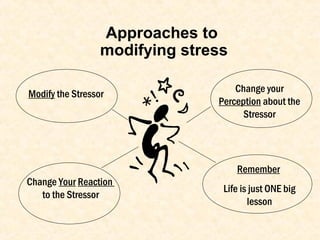 Approaches to
modifying stress
Modify the Stressor
Change your
Perception about the
Stressor
Change Your Reaction
to the Stressor
Remember
Life is just ONE big
lesson
 