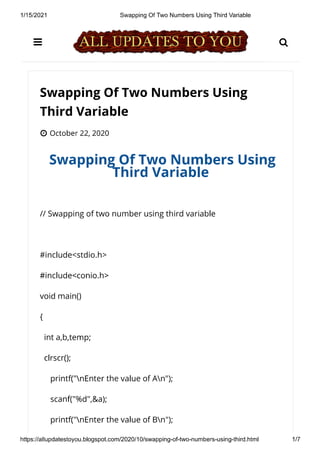 Swapping Of Two Numbers Using Third Variable | PDF