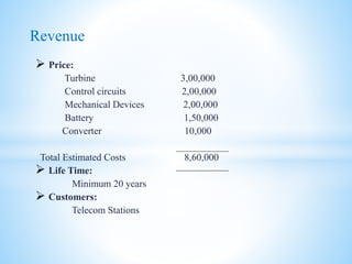  Price:
Turbine 3,00,000
Control circuits 2,00,000
Mechanical Devices 2,00,000
Battery 1,50,000
Converter 10,000
Total Estimated Costs 8,60,000
 Life Time:
Minimum 20 years
 Customers:
Telecom Stations
Revenue
 