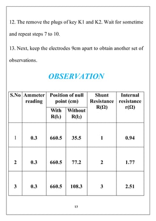 13
12. The remove the plugs of key K1 and K2. Wait for sometime
and repeat steps 7 to 10.
13. Next, keep the electrodes 9cm apart to obtain another set of
observations.
OBSERVATION
S.No Ammeter
reading
Position of null
point (cm)
Shunt
Resistance
R(Ω)
Internal
resistance
r(Ω)
With
R(l1)
Without
R(l2)
1 0.3 660.5 35.5 1 0.94
2 0.3 660.5 77.2 2 1.77
3 0.3 660.5 108.3 3 2.51
 