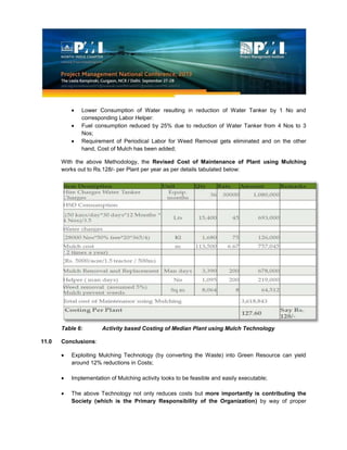 Lower Consumption of Water resulting in reduction of Water Tanker by 1 No and
corresponding Labor Helper:
Fuel consumption reduced by 25% due to reduction of Water Tanker from 4 Nos to 3
Nos;
Requirement of Periodical Labor for Weed Removal gets eliminated and on the other
hand, Cost of Mulch has been added;
With the above Methodology, the Revised Cost of Maintenance of Plant using Mulching
works out to Rs.128/- per Plant per year as per details tabulated below:
Table 6: Activity based Costing of Median Plant using Mulch Technology
11.0 Conclusions:
Exploiting Mulching Technology (by converting the Waste) into Green Resource can yield
around 12% reductions in Costs;
Implementation of Mulching activity looks to be feasible and easily executable;
The above Technology not only reduces costs but more importantly is contributing the
Society (which is the Primary Responsibility of the Organization) by way of proper
 