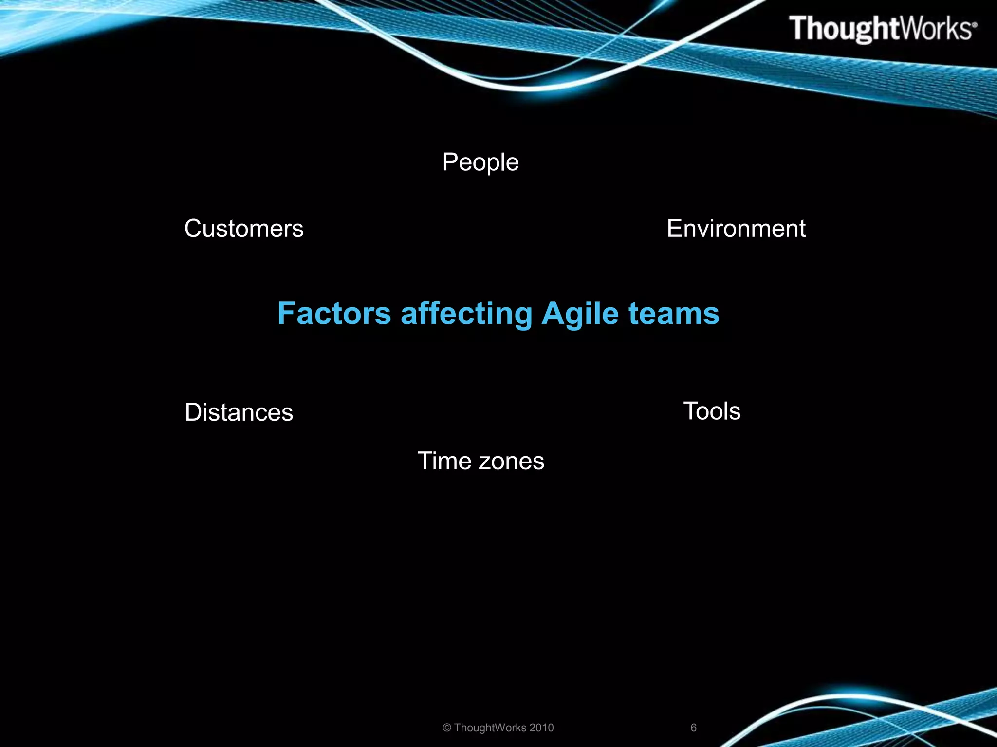 Factors affecting Agile teams© ThoughtWorks 20106PeopleCustomersEnvironmentToolsDistancesTime zones