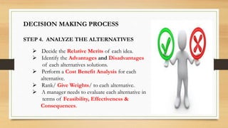 DECISION MAKING PROCESS
STEP 4. ANALYZE THE ALTERNATIVES
 Decide the Relative Merits of each idea.
 Identify the Advantages and Disadvantages
of each alternatives solutions.
 Perform a Cost Benefit Analysis for each
alternative.
 Rank/ Give Weights/ to each alternative.
 A manager needs to evaluate each alternative in
terms of Feasibility, Effectiveness &
Consequences.
 