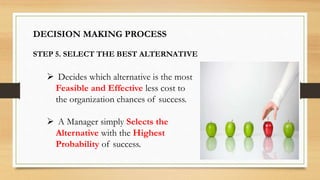  Decides which alternative is the most
Feasible and Effective less cost to
the organization chances of success.
 A Manager simply Selects the
Alternative with the Highest
Probability of success.
DECISION MAKING PROCESS
STEP 5. SELECT THE BEST ALTERNATIVE
 