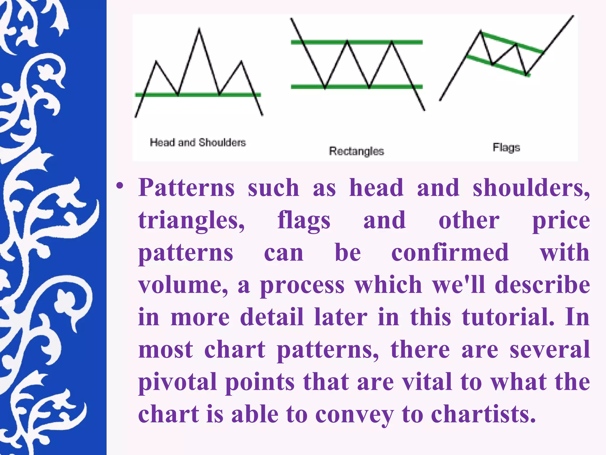 Patterns such as head and shoulders, triangles, flags and other price patterns can be confirmed with volume, a process which we'll describe in more detail later in this tutorial. In most chart patterns, there are several pivotal points that are vital to what the chart is able to convey to chartists. 