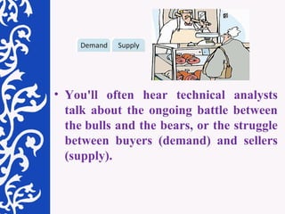 You'll often hear technical analysts talk about the ongoing battle between the bulls and the bears, or the struggle between buyers (demand) and sellers (supply).  