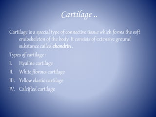 Cartilage ..
Cartilage is a special type of connective tissue which forms the soft
endoskeleton of the body. It consists of extensive ground
substance called chondrin .
Types of cartilage :
I. Hyaline cartilage
II. White fibrous cartilage
III. Yellow elastic cartilage
IV. Calcified cartilage
 