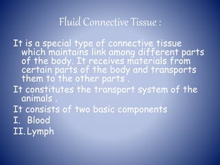 Fluid Connective Tissue :
It is a special type of connective tissue
which maintains link among different parts
of the body. It receives materials from
certain parts of the body and transports
them to the other parts .
It constitutes the transport system of the
animals .
It consists of two basic components
I. Blood
II. Lymph
 