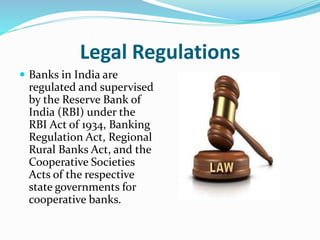 Legal Regulations
 Banks in India are
regulated and supervised
by the Reserve Bank of
India (RBI) under the
RBI Act of 1934, Banking
Regulation Act, Regional
Rural Banks Act, and the
Cooperative Societies
Acts of the respective
state governments for
cooperative banks.
 