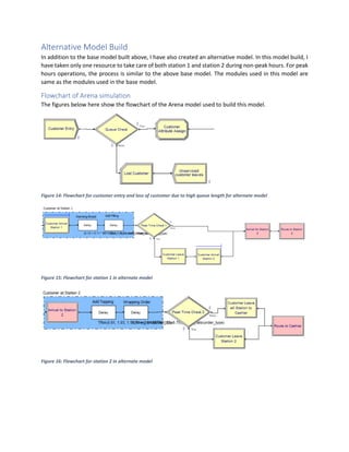 Alternative Model Build
In addition to the base model built above, I have also created an alternative model. In this model build, I
have taken only one resource to take care of both station 1 and station 2 during non-peak hours. For peak
hours operations, the process is similar to the above base model. The modules used in this model are
same as the modules used in the base model.
Flowchart of Arena simulation
The figures below here show the flowchart of the Arena model used to build this model.
Figure 14: Flowchart for customer entry and loss of customer due to high queue length for alternate model
Figure 15: Flowchart for station 1 in alternate model
Figure 16: Flowchart for station 2 in alternate model
 