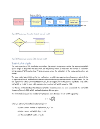 Figure 17: Flowchart for the cashier station in alternate model
Figure 18: Flowchart for customer exit in alternate model
Statistical Analysis
The main objective of this simulation is to reduce the number of customers exiting the system due to high
queue length as they enter the restaurant. So, the primary metric to measure is the number of customers
being rejected. While doing this, I’ll also compare across the utilization of the resources to get an apt
model.
The base model was initially run for ten replications to get the average number of customer rejected, due
to high queue length, and half-width value to determine the appropriate number of replications. For the
ten replications with a run time of 660 minutes, the average number of customer rejected is 47.2, with a
half-width of 11.15. To have a 5% precision, the required half-width would be 2.36.
For the rest of the statistics, the utilization of all the three resources has been considered. The half-width
for each of them is 0.01, which is already less than 5% precision.
The formula to calculate the number of replications basis decrease in half-width is given by –
𝑛 = 𝑛0 (
ℎ0
2
ℎ2)
where, 𝑛 is the number of replications required
𝑛0is the current number of replications, 𝑛0 = 10
ℎ0is the current half-width, ℎ0 = 11.15
ℎ is the desired half-width, ℎ = 2.36
 