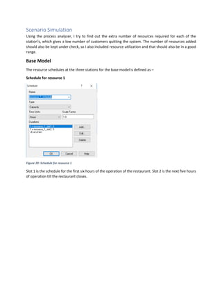 Scenario Simulation
Using the process analyzer, I try to find out the extra number of resources required for each of the
station’s, which gives a low number of customers quitting the system. The number of resources added
should also be kept under check, so I also included resource utilization and that should also be in a good
range.
Base Model
The resource schedules at the three stations for the base model is defined as –
Schedule for resource 1
Figure 20: Schedule for resource 1
Slot 1 is the schedule for the first six hours of the operation of the restaurant. Slot 2 is the next five hours
of operation till the restaurant closes.
 