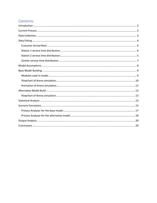 Contents
Introduction ..................................................................................................................................................3
Current Process.............................................................................................................................................3
Data Collection..............................................................................................................................................3
Data Fitting....................................................................................................................................................4
Customer Arrival Rate...............................................................................................................................4
Station 1 service time distribution............................................................................................................4
Station 2 service time distribution............................................................................................................5
Cashier service time distribution ..............................................................................................................7
Model Assumptions ......................................................................................................................................8
Base Model Building .....................................................................................................................................9
Modules used in model.............................................................................................................................9
Flowchart of Arena simulation................................................................................................................10
Animation of Arena simulation...............................................................................................................11
Alternative Model Build..............................................................................................................................12
Flowchart of Arena simulation................................................................................................................12
Statistical Analysis.......................................................................................................................................13
Scenario Simulation ....................................................................................................................................15
Process Analyzer for the base model......................................................................................................17
Process Analyzer for the alternative model............................................................................................18
Output Analysis...........................................................................................................................................20
Conclusions .................................................................................................................................................20
 