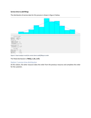 Service time to add fillings
The distribution of service data for this process is shown in figure 2 below.
Figure 2: Input analyzer result for service time to add fillings to order
The fitted distribution is TRIA(1, 1.24, 1.47)
Station 2 service time distribution
At this station, the other resource takes the order from the previous resource and completes the order
for the customer.
 