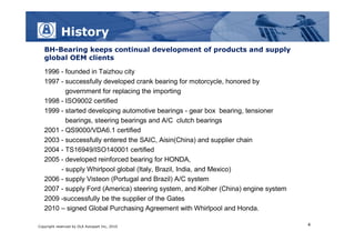 History
   BH-Bearing keeps continual development of products and supply
   global OEM clients

   1996 - founded in Taizhou city
   1997 - successfully developed crank bearing for motorcycle, honored by
          government for replacing the importing
   1998 - ISO9002 certified
   1999 - started developing automotive bearings - gear box bearing, tensioner
          bearings, steering bearings and A/C clutch bearings
   2001 - QS9000/VDA6.1 certified
   2003 - successfully entered the SAIC, Aisin(China) and supplier chain
   2004 - TS16949/ISO140001 certified
   2005 - developed reinforced bearing for HONDA,
        - supply Whirlpool global (Italy, Brazil, India, and Mexico)
   2006 - supply Visteon (Portugal and Brazil) A/C system
   2007 - supply Ford (America) steering system, and Kolher (China) engine system
   2009 -successfully be the supplier of the Gates
   2010 – signed Global Purchasing Agreement with Whirlpool and Honda.

Copyright reserved by DLA Autopart Inc, 2010                                        4
 