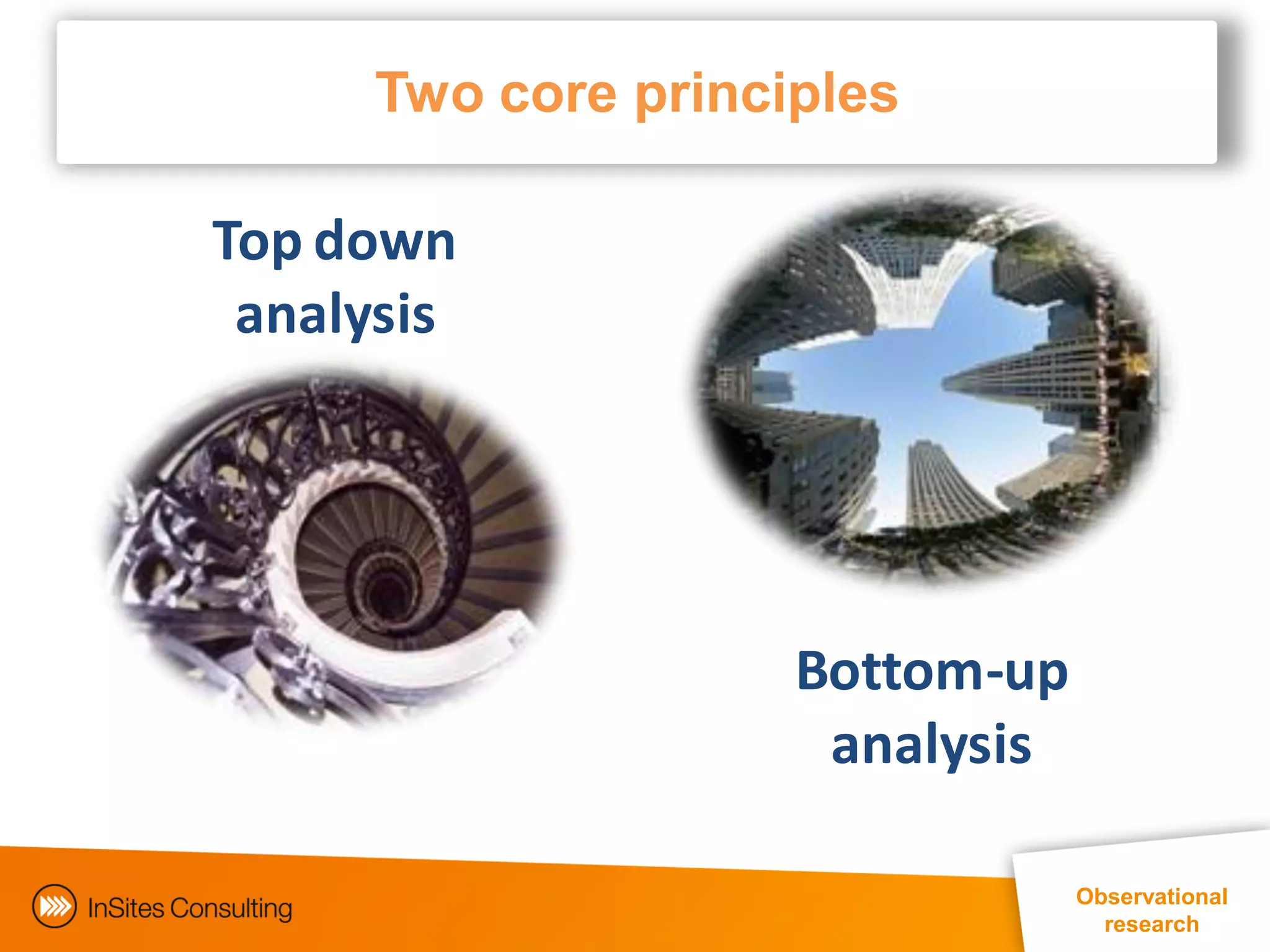Two core principles

Top down
 analysis




                    Bottom-up
                     analysis

                                Observational
                                  research
 