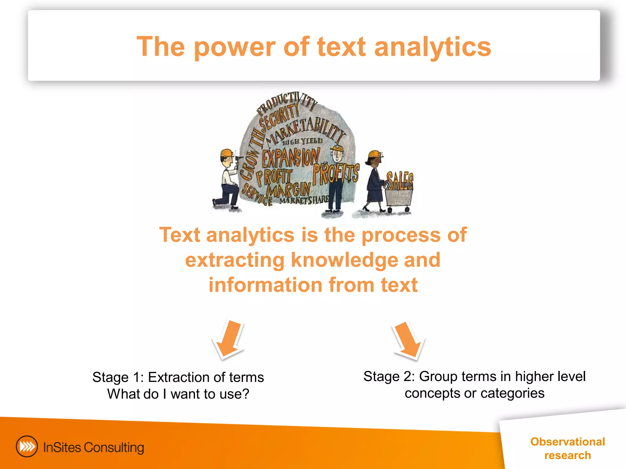 The power of text analytics




          Text analytics is the process of
            extracting knowledge and
               information from text



Stage 1: Extraction of terms   Stage 2: Group terms in higher level
  What do I want to use?             concepts or categories


                                                          Observational
                                                            research
 