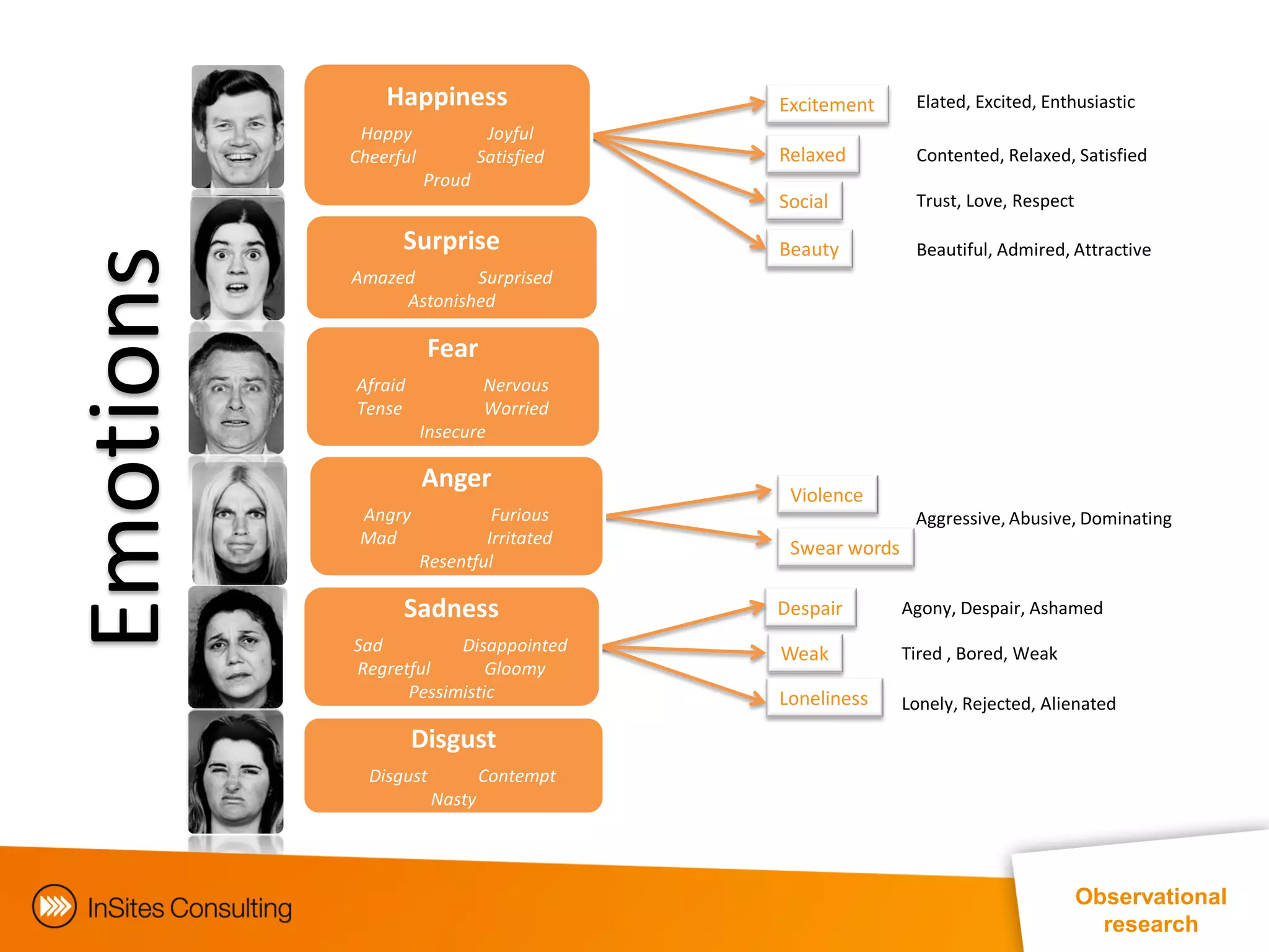 Happiness                   Excitement      Elated, Excited, Enthusiastic
            Happy               Joyful
           Cheerful            Satisfied   Relaxed         Contented, Relaxed, Satisfied
                      Proud
                                           Social          Trust, Love, Respect

                 Surprise                  Beauty          Beautiful, Admired, Attractive
Emotions
           Amazed       Surprised
                Astonished

                      Fear
           Afraid             Nervous
           Tense              Worried
                      Insecure

                      Anger
                                            Violence
            Angry              Furious                     Aggressive, Abusive, Dominating
            Mad               Irritated
                                            Swear words
                      Resentful

                 Sadness                   Despair        Agony, Despair, Ashamed
           Sad         Disappointed        Weak           Tired , Bored, Weak
           Regretful       Gloomy
                 Pessimistic               Loneliness     Lonely, Rejected, Alienated
                    Disgust
             Disgust           Contempt
                       Nasty




                                                                                  Observational
                                                                                    research
 