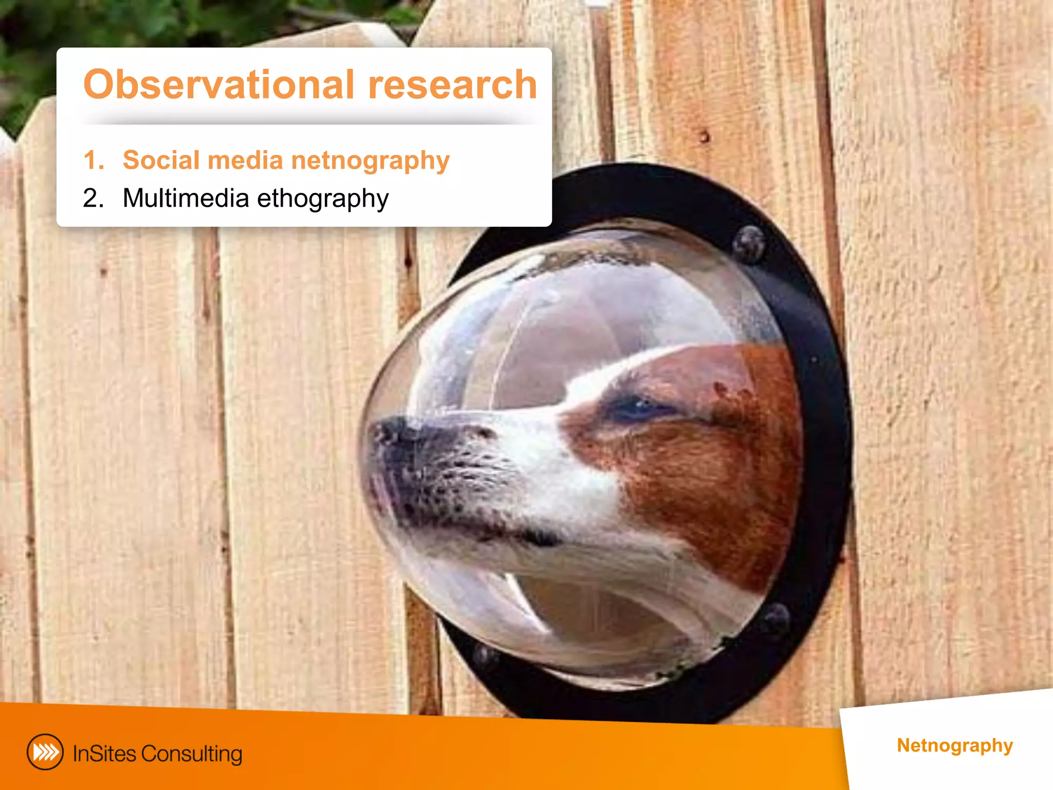 Observational research
1. Social media netnography
2. Multimedia ethography




                              Netnography
 