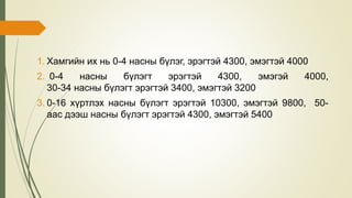 1. Хамгийн их нь 0-4 насны бүлэг, эрэгтэй 4300, эмэгтэй 4000
2. 0-4 насны бүлэгт эрэгтэй 4300, эмэгэй 4000,
30-34 насны бүлэгт эрэгтэй 3400, эмэгтэй 3200
3. 0-16 хүртлэх насны бүлэгт эрэгтэй 10300, эмэгтэй 9800, 50-
аас дээш насны бүлэгт эрэгтэй 4300, эмэгтэй 5400
 