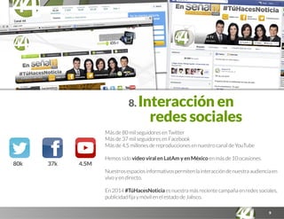 9
8. Interacción en
redes sociales
Más de 80 mil seguidores en Twitter
Más de 37 mil seguidores en Facebook
Más de 4,5 millones de reproducciones en nuestro canal de YouTube
Hemos sido video viral en LatAm y en México en más de 10 ocasiones.
Nuestrosespaciosinformativospermitenlainteraccióndenuestraaudienciaen
vivo y en directo.
En 2014 #TúHacesNoticia es nuestra más reciente campaña en redes sociales,
publicidad fija y móvil en el estado de Jalisco.
80k 37k 4.5M
 