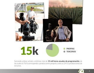 3
Sumando ambas señales, emitimos más de 15 mil horas anuales de programación, de
las cuales el 76 % corresponde a producciones propias y solo un 24 % a producciones de
terceros.
15k PROPIAS
TERCEROS
 