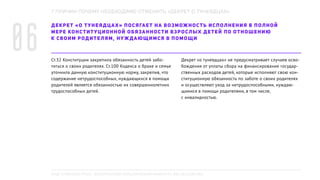 ДЕКРЕТ «О ТУНЕЯДЦАХ» ПОСЯГАЕТ НА ВОЗМОЖНОСТЬ ИСПОЛНЕНИЯ В ПОЛНОЙ
МЕРЕ КОНСТИТУЦИОННОЙ ОБЯЗАННОСТИ ВЗРОСЛЫХ ДЕТЕЙ ПО ОТНОШЕНИЮ
К СВОИМ РОДИТЕЛЯМ, НУЖДАЮЩИМСЯ В ПОМОЩИ
Ст.32 Конституции закрепила обязанность детей забо-
титься о своих родителях. Ст.100 Кодекса о браке и семье
уточнила данную конституционную норму, закрепив, что
содержание нетрудоспособных, нуждающихся в помощи
родителей является обязанностью их совершеннолетних
трудоспособных детей.
Декрет «о тунеядцах» не предусматривает случаев осво-
бождения от уплаты сбора на финансирование государ-
ственных расходов детей, которые исполняют свою кон-
ституционную обязанность по заботе о своих родителях
и осуществляют уход за нетрудоспособными, нуждаю-
щимися в помощи родителями, в том числе,
с инвалидностью.
7 ПРИЧИН ПОЧЕМУ НЕОБХОДИМО ОТМЕНИТЬ «ДЕКРЕТ О ТУНЕЯДЦАХ»
06
ПОДГОТОВЛЕНО РПОО «БЕЛОРУССКИЙ ХЕЛЬСИНКСКИЙ КОМИТЕТ», BELHELCOM.ORG
 
