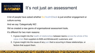 It’s not just an assessment
A lot of people have asked whether BizHealthCheck is just another engagement or
culture survey.
And we say ‘Categorically NO’.
We’ve created a new genre of organisational assessment tools.
It’s different for two main reasons:
1. It gives insight into the health of relationships between teams across the whole of the
value chain from suppliers to B2B and B2relevantC customers; and
2. It gives insight into the cause of any pain that is occurring in these relationships, or
factors that support them.
 
